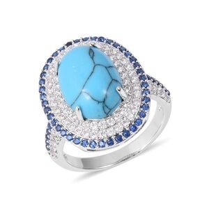 Genuine Blue Howlite, Blue and White CZ Silvertone Ring